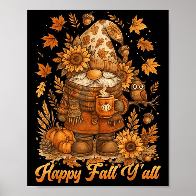 Poster Happy Fall Y'all Gnome Pumpkin Autumn Thanksgiving (Frente)