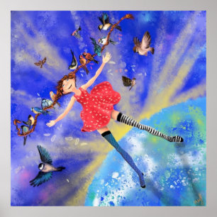 Poster Happy Girl com Birds - Alegria