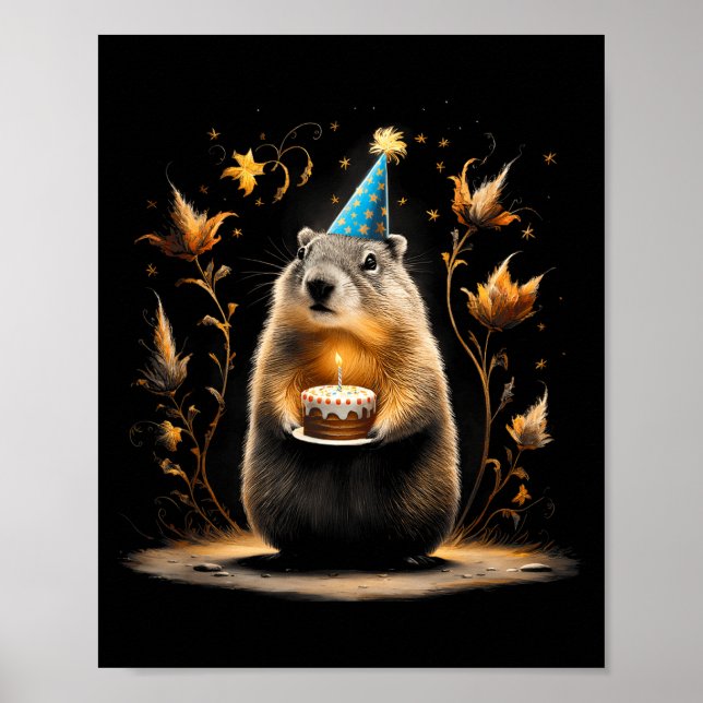 Poster Happy Groundhog Day Ground Hog With Birthday Cake  (Frente)