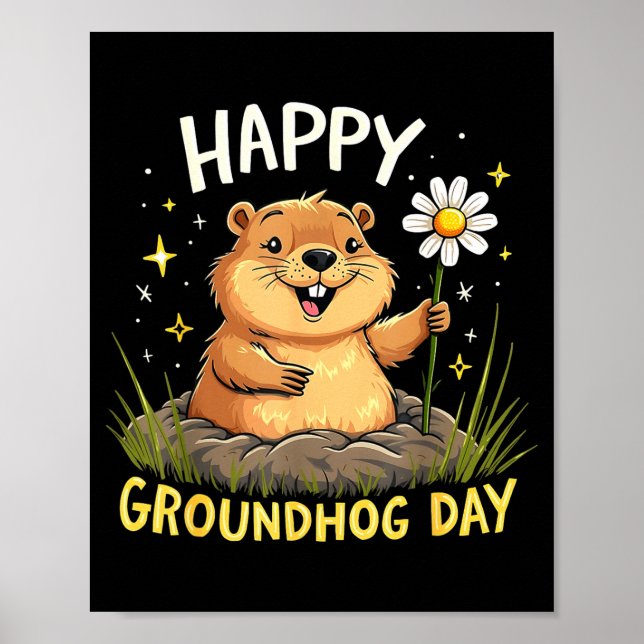 Poster Happy Groundhog Day With Flower  (Frente)