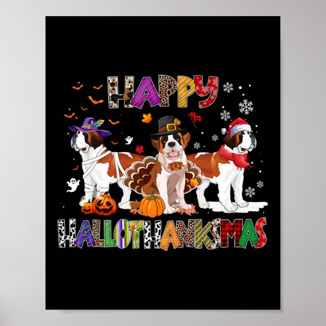 Poster Happy Hallothanksmas Santo Bernard Dog Halloween C (Frente)