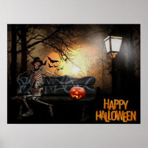 Poster Happy Halloween Funny Spooky Skeleton on the Bench
