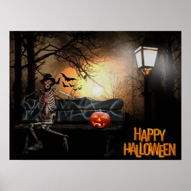 Poster Happy Halloween Funny Spooky Skeleton on the Bench (Frente)