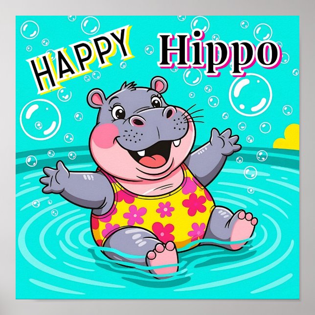 Poster Happy Hippo | Arte de Enfermeiro de Crianças Bonit (Frente)
