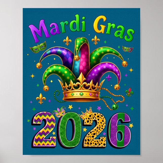 Poster Happy Mardi Gras 2026 Jester Hat Men Women Kid Car (Frente)