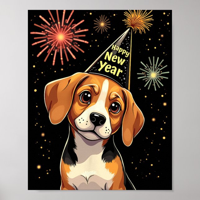 Poster Happy New Year 2025 Eve Firework Dog Funny Beagle  (Frente)