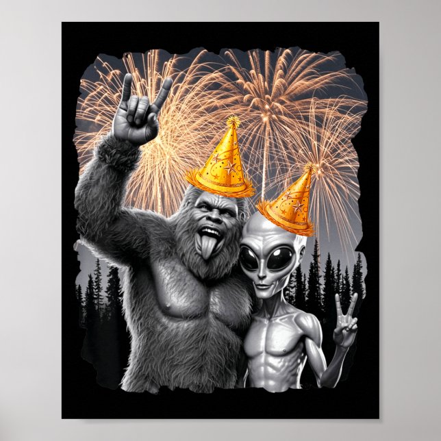 Poster Happy New Year 2026 Bigfoot Alien Lovers New Years (Frente)