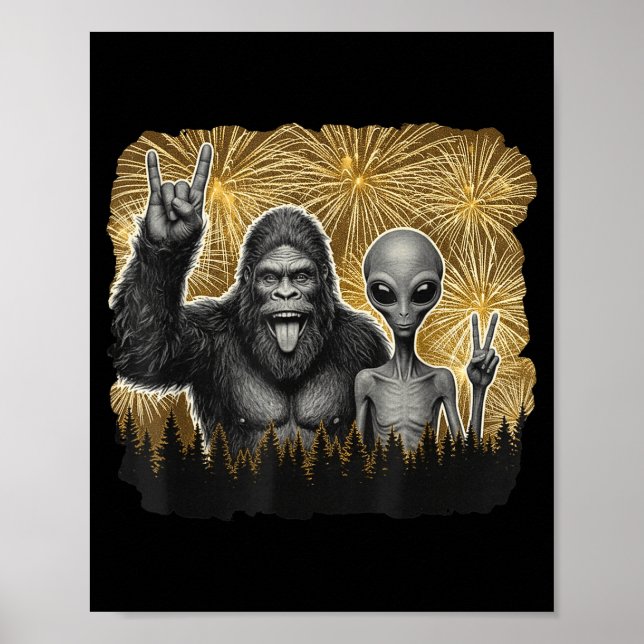 Poster Happy New Year 2026 Bigfoot Alien Lovers New Years (Frente)