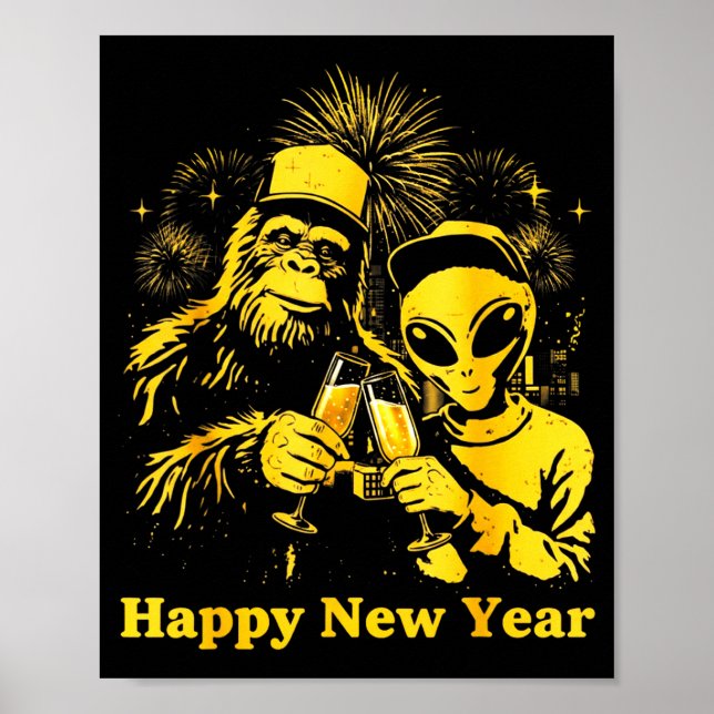 Poster Happy New Year 2026 Bigfoot Alien Lovers New Years (Frente)