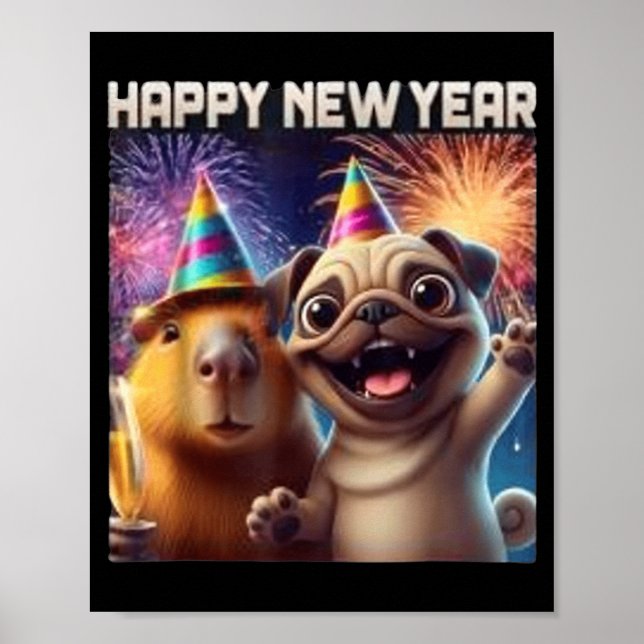 Poster Happy New Year 2026 Capybara Pug Party Art  (Frente)