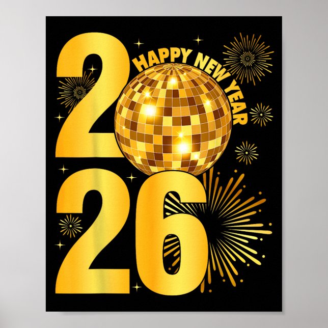 Poster Happy New Year 2026 Coquette Bow Disco Ball New Ye (Frente)