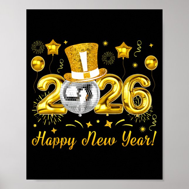 Poster Happy New Year 2026 Countdown Party Balloons Firew (Frente)