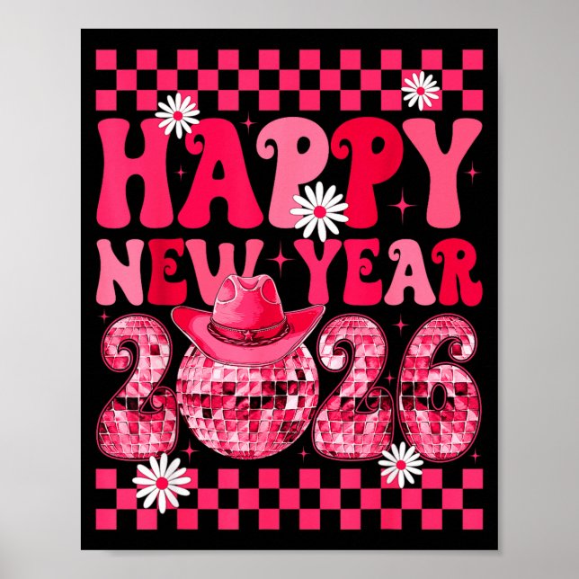 Poster Happy New Year 2026 Cowgirl Cowboy Disco Ball Girl (Frente)