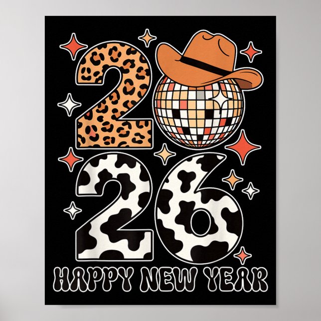Poster Happy New Year 2026 Cowgirl Disco Ball Western Leo (Frente)
