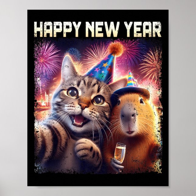 Poster Happy New Year 2026 Cute Cat Capybara Party Art  (Frente)