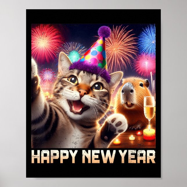 Poster Happy New Year 2026 Cute Cat Capybara Party Art  (Frente)