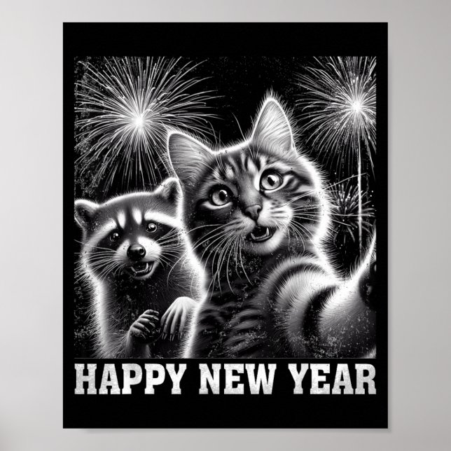 Poster Happy New Year 2026 Cute Cat Raccoon Celebration  (Frente)