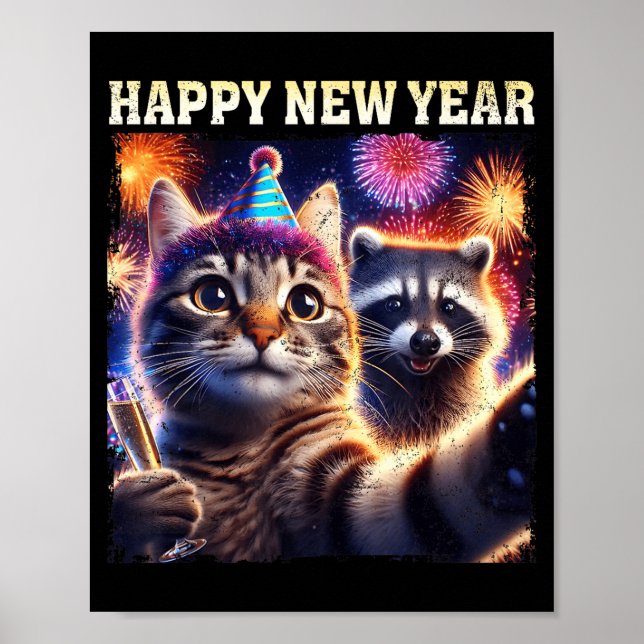 Poster Happy New Year 2026 Cute Cat Raccoon Celebration  (Frente)