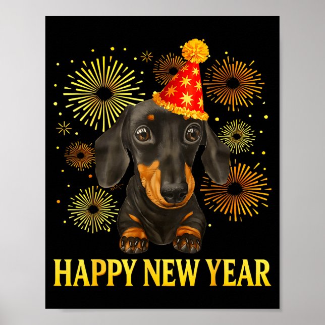 Poster Happy New Year 2026 Dachshund Fireworks New Years  (Frente)
