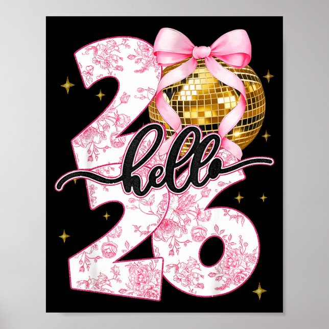 Poster Happy New Year 2026 Disco Ball Bow New Year's Eve  (Frente)