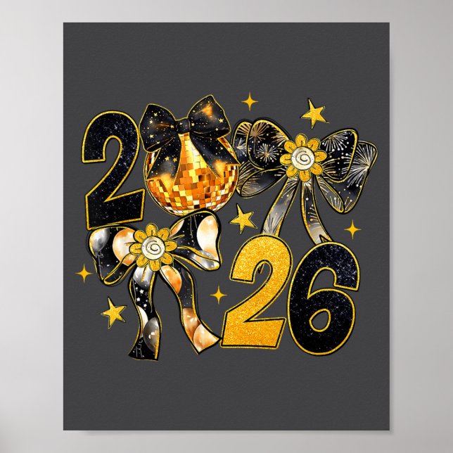 Poster Happy New Year 2026 Disco Ball Coquette Bow New Ye (Frente)