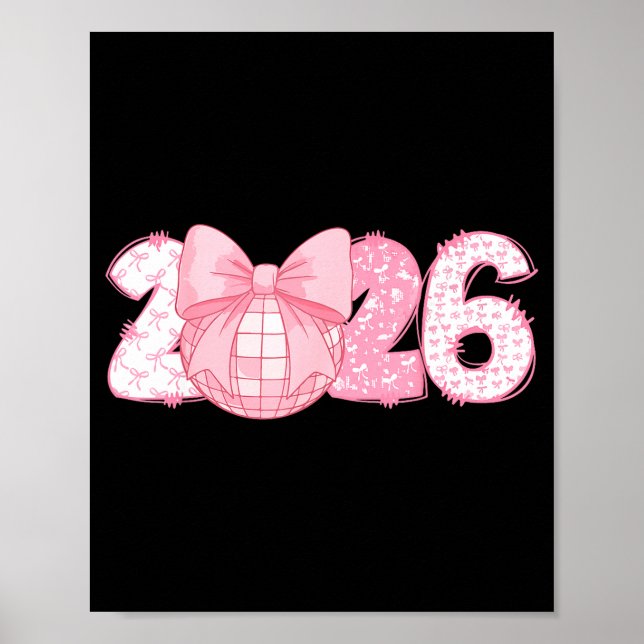 Poster Happy New Year 2026 Disco Ball Nk Coquette Bow Fam (Frente)