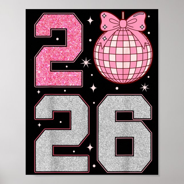 Poster Happy New Year 2026 Disco Ball Nk Coquette Bow Fam (Frente)