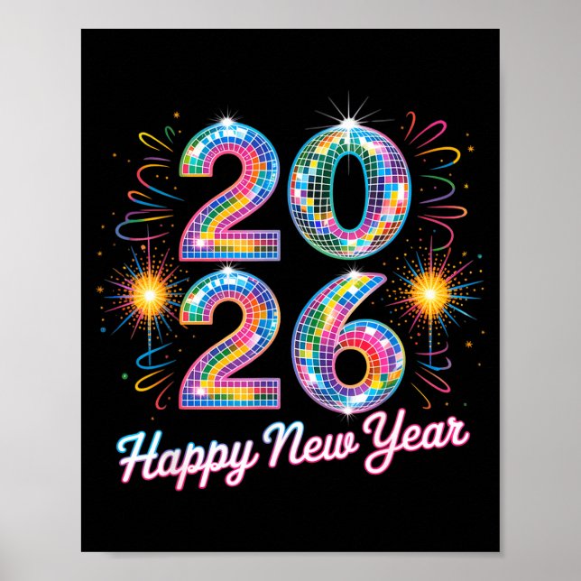 Poster Happy New Year 2026 Disco Ball Retro Family Matchi (Frente)