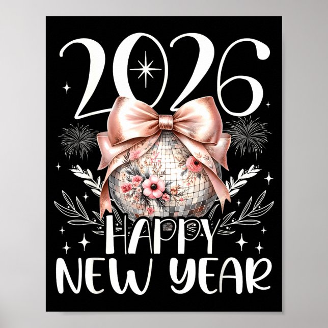 Poster Happy New Year 2026 Disco Cute Bow Flower New Year (Frente)