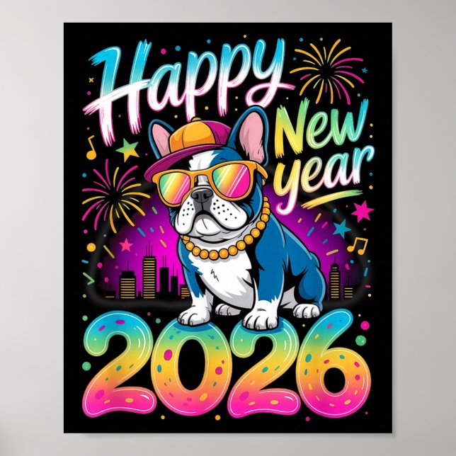 Poster Happy New Year 2026 French Bulldog Fireworks Party (Frente)