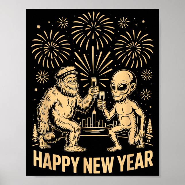 Poster Happy New Year 2026 Funny Bigfoot And Alien Lovers (Frente)