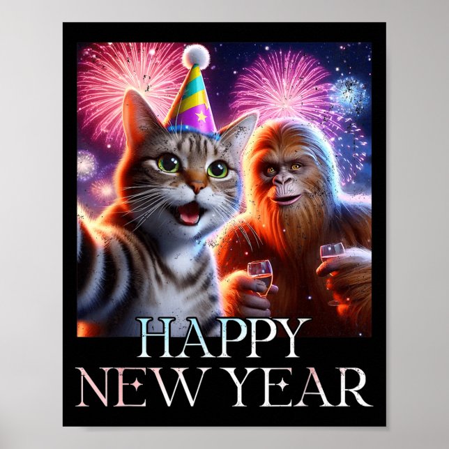 Poster Happy New Year 2026 Funny Cat Bigfoot Party Art  (Frente)