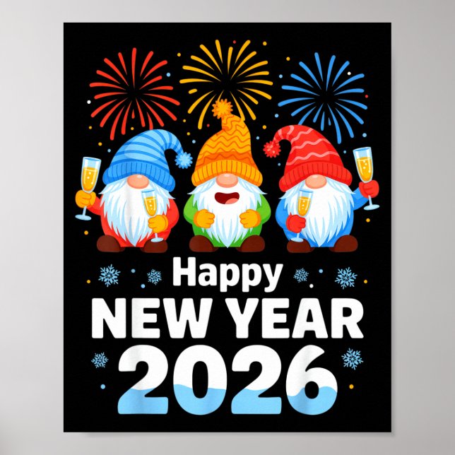 Poster Happy New Year 2026 Gnome With Fireworks And Champ (Frente)