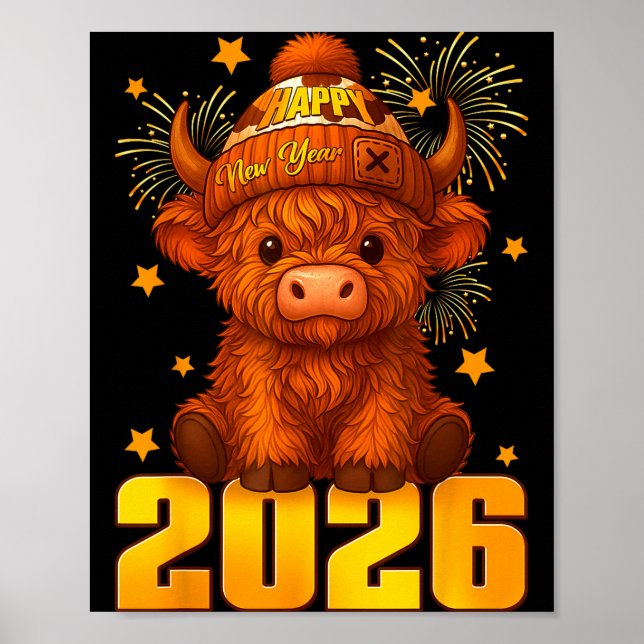 Poster Happy New Year 2026 Highland Cow &amp; Party Hat N (Frente)