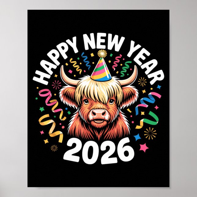 Poster Happy New Year 2026 Highland Cow &amp; Party Hat N (Frente)