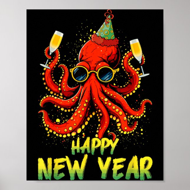 Poster Happy New Year 2026 Octopus Drinking Champagne New (Frente)