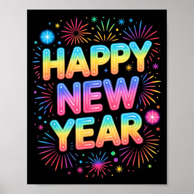 Poster Happy New Year 2026 Party Ballons, Fireworks And C (Frente)