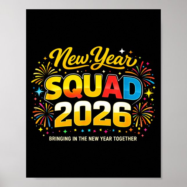 Poster Happy New Year 2026 Squad Crew Fireworks Family Ma (Frente)