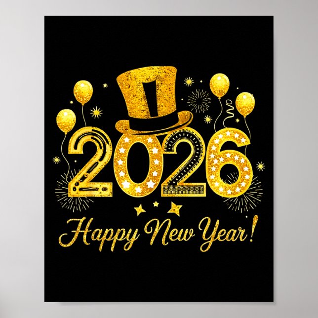 Poster Happy New Year 2026 Top Hat Balloons Party New Yea (Frente)