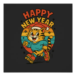 Pôster Happy New Year Cat - Cute 80s Cartoon Skating  