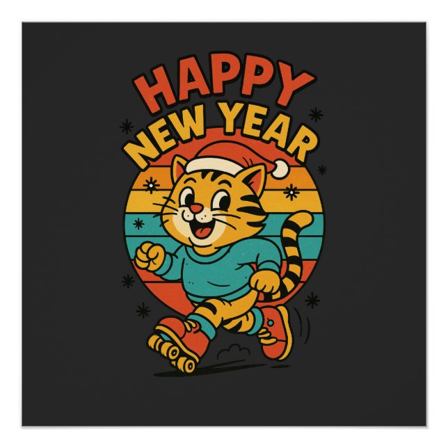 Pôster Happy New Year Cat - Cute 80s Cartoon Skating   (Frente)