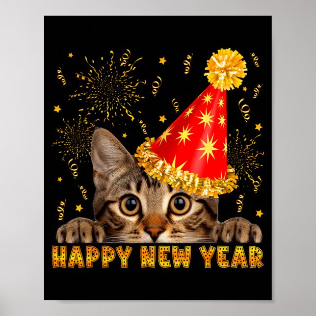 Poster Happy New Year Cat Party Hat New Years Eve Party 2 (Frente)