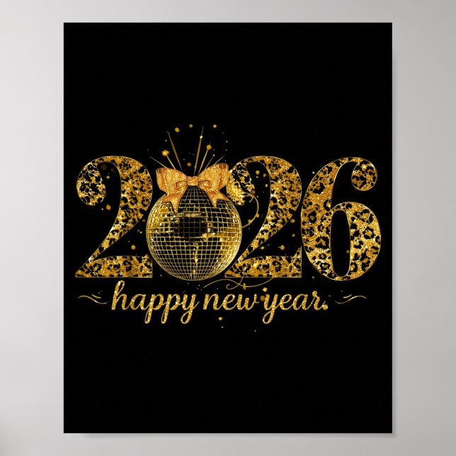 Poster Happy New Year Cute Gold Disco Ball Bow New Year's (Frente)