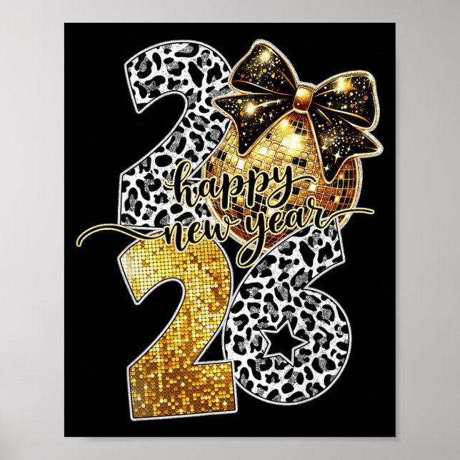 Poster Happy New Year Cute Gold Disco Ball Bow New Year's (Frente)