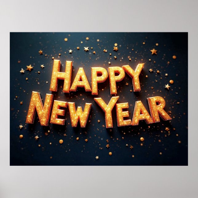 Poster Happy New Year, elegant black and gold, (Frente)