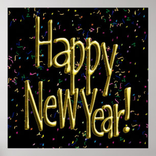 Poster Happy New Year - Gold Text on Black Confetti