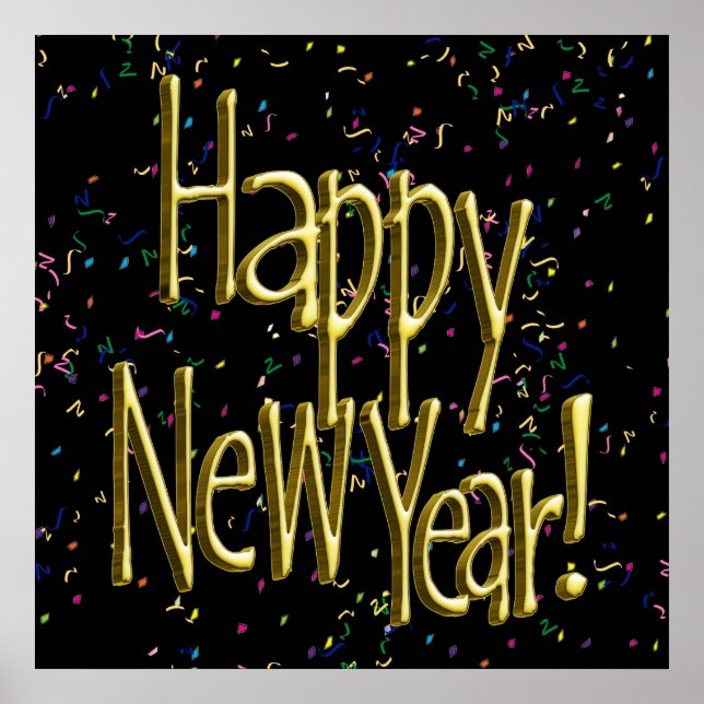 Poster Happy New Year - Gold Text on Black Confetti (Frente)