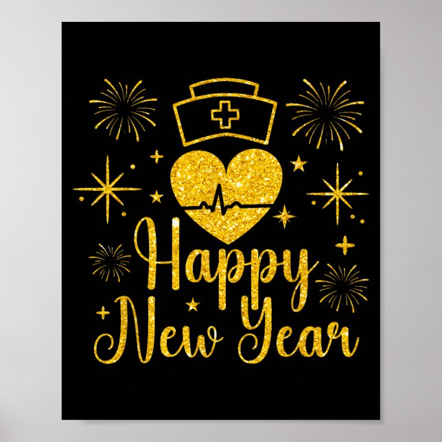 Poster Happy New Year Nurses Heartbeat Fireworks New Year (Frente)