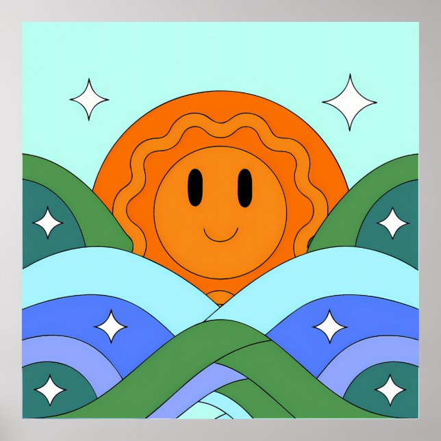 Poster Happy Retro Sun Over Rolling Hills (Frente)
