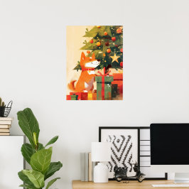 Poster Happy Shiba Inu beside Christmas Tree and Gifts